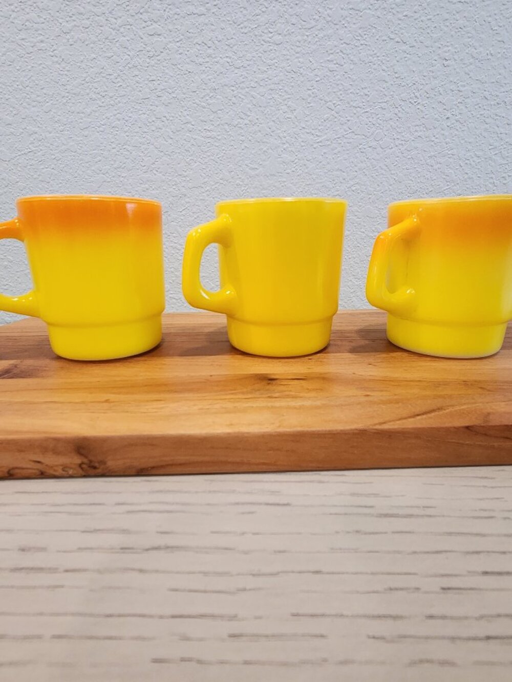 Three Vintage Anchor Hocking D Handle Fireking Mugs (2) Candy Corn & (1) Yellow